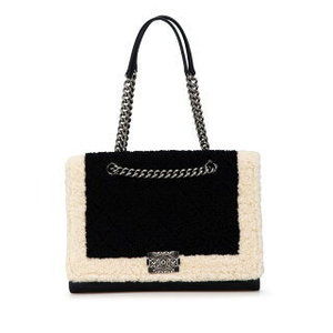 Chanel Boy Chain Handbag Black White Mouton Leather s